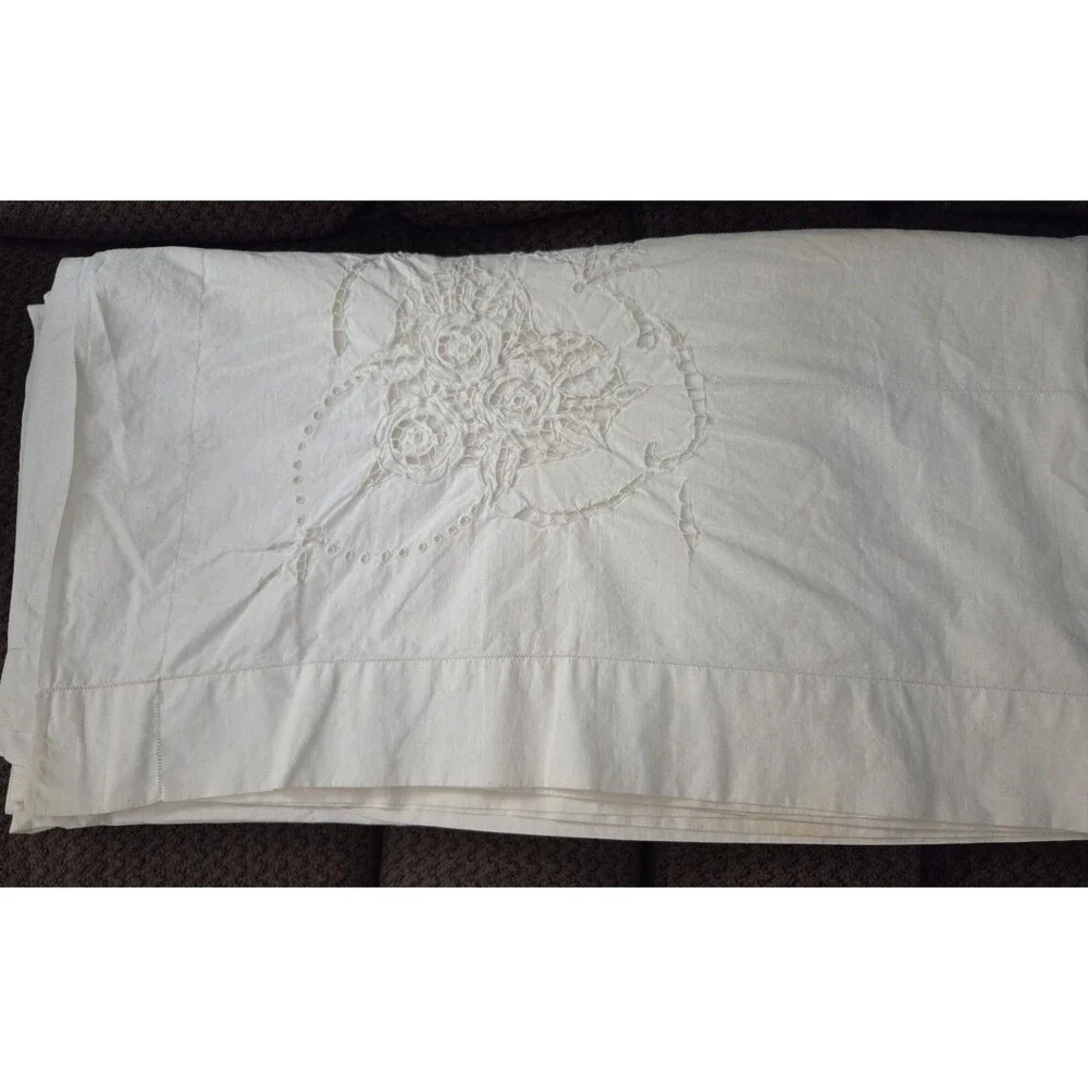 Vtg Full Flat Bed Sheet Cut Work Embroidery Heading Ivory Cotton Approx 75”x88”